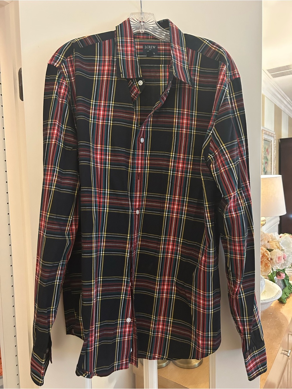 J. Crew Men's Black Plaid Button-Down Shirt with Red and Yellow Accents